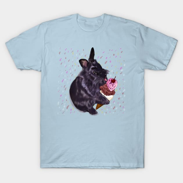 bunny rabbit sprinkles! cute  ebony colored coloured lionhead bunny rabbit  licking a three scoop icecream T-Shirt by Artonmytee